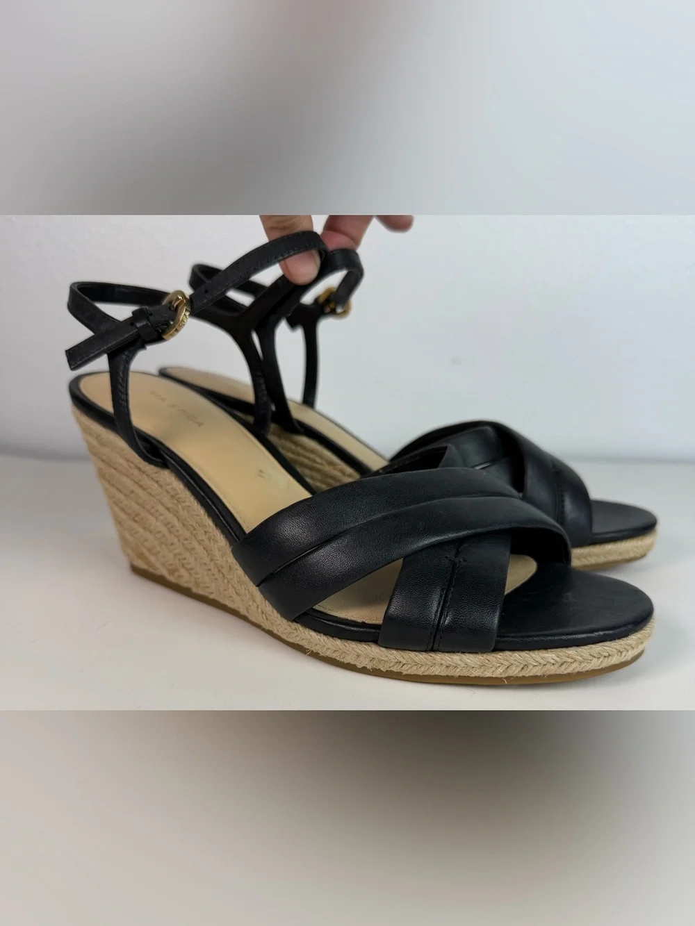 Via Spiga Inna 8 Black Leather Open Toe Woven Espadrille Platform Wedge Sandals